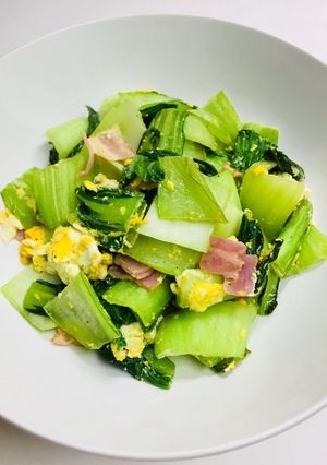 時短＊チンゲン菜とベーコンの卵とじ炒め-レシピのメイン写真