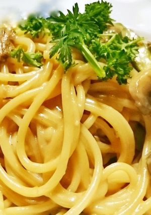 アスパラとホタテのポルチーニクリームスパ-レシピのメイン写真