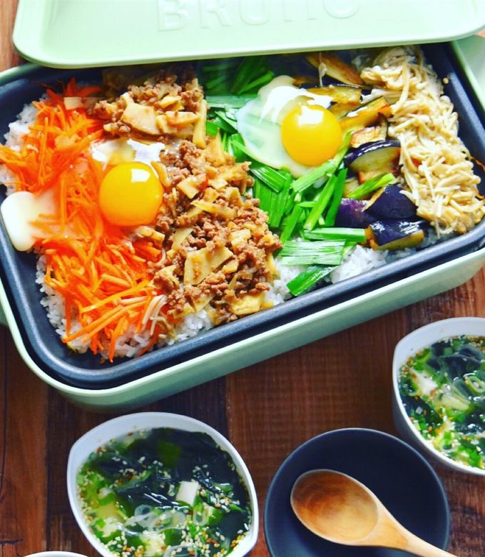 筍のピリ辛そぼろで簡単！野菜盛りビビンバ by ふじたかな