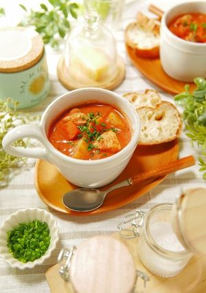 レンジで♪鶏肉と野菜のパプリカ豆乳スープ-レシピのメイン写真