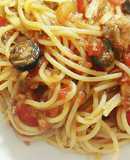 サバ缶とオリーブのにんにくトマトパスタ❤