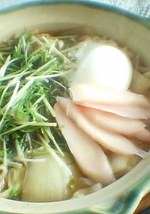 鍋焼きうどん　水菜　温泉卵　生姜をのせて-レシピのメイン写真