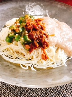 なめ茸とろろ梅オクラ素麺-レシピのメイン写真
