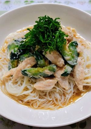 簡単今夜の夕飯ささみ胡瓜大葉明太マヨ素麺-レシピのメイン写真