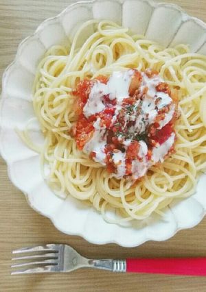 ミートソースパスタチーズドレッシングがけ-レシピのメイン写真