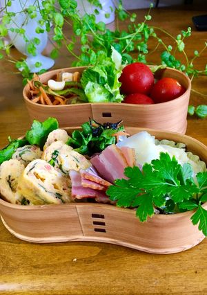 バジルと鮭フレークの卵焼きワッパお弁当-レシピのメイン写真