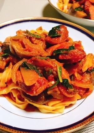 フランクフルトと茄子のトマトパスタ-レシピのメイン写真