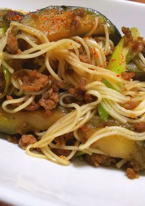 なすと挽肉と素麺の炒め物(チャンプル風)-レシピのメイン写真