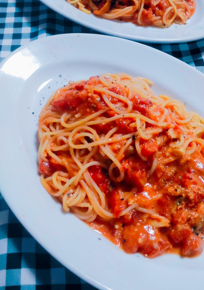 骨取りさばフィーレでトマトクリームパスタ-レシピのメイン写真