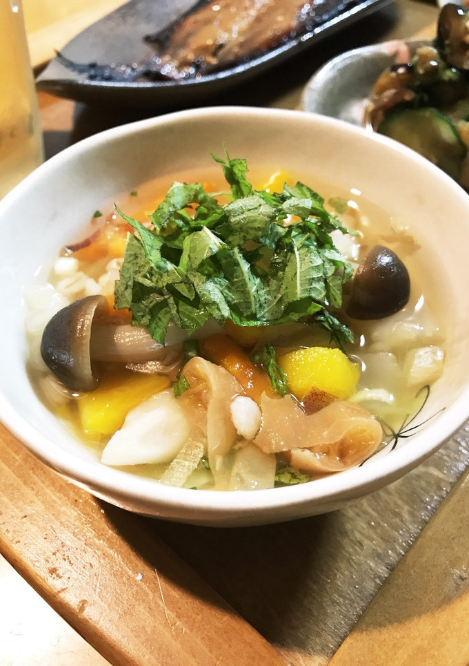 梅とみょうがで夏の押し麦スープ-レシピのメイン写真