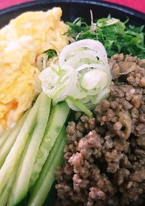 炒り卵とゴボウ豚挽肉そぼろ入り香味野菜丼-レシピのメイン写真