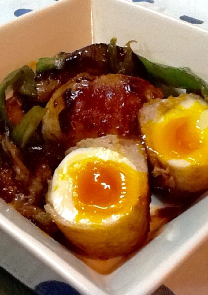 夏野菜半熟卵の肉巻きオイスターソース絡め-レシピのメイン写真