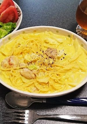 鶏肉とキャベツでかぼちゃのクリームパスタ-レシピのメイン写真