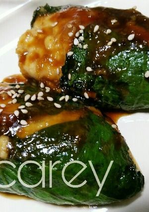 豆腐と鶏ミンチのえごまの葉包み焼き-レシピのメイン写真