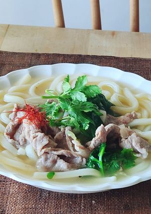 あごダシで☆アジアン肉うどん鍋☆簡単昼食-レシピのメイン写真