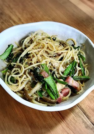 小松菜とベーコンの明太子パスタ-レシピのメイン写真