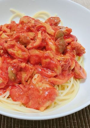簡単10分で！鶏肉ときのこのトマトパスタ-レシピのメイン写真