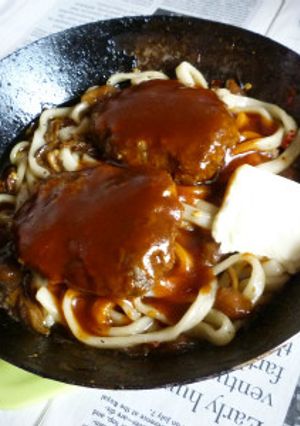 なめこ＋Wハンバーグの焼きうどん-レシピのメイン写真