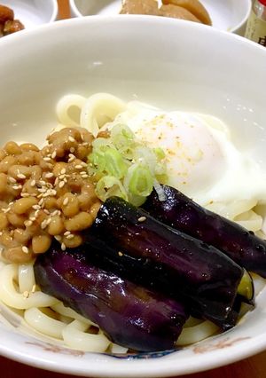 揚げナスと納豆と温玉ぶっかけ冷やしうどん-レシピのメイン写真