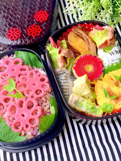 お花レンコン弁当 生姜焼きのレタス巻き-レシピのメイン写真