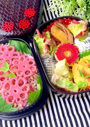 お花レンコン弁当 生姜焼きのレタス巻き-レシピのメイン写真