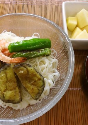 そうめんとなすのカレー揚げ（腎臓病食）-レシピのメイン写真