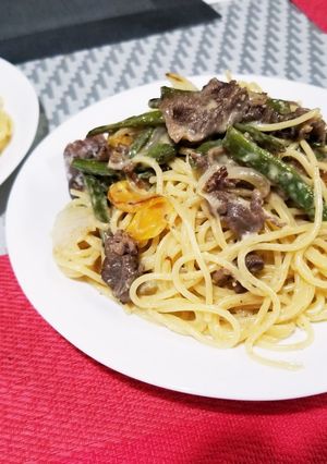 牛肉といんげんカルボナーラ風-レシピのメイン写真