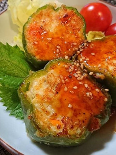 ピーマンのふわふわ豆腐ハンバーグ詰め-レシピのメイン写真