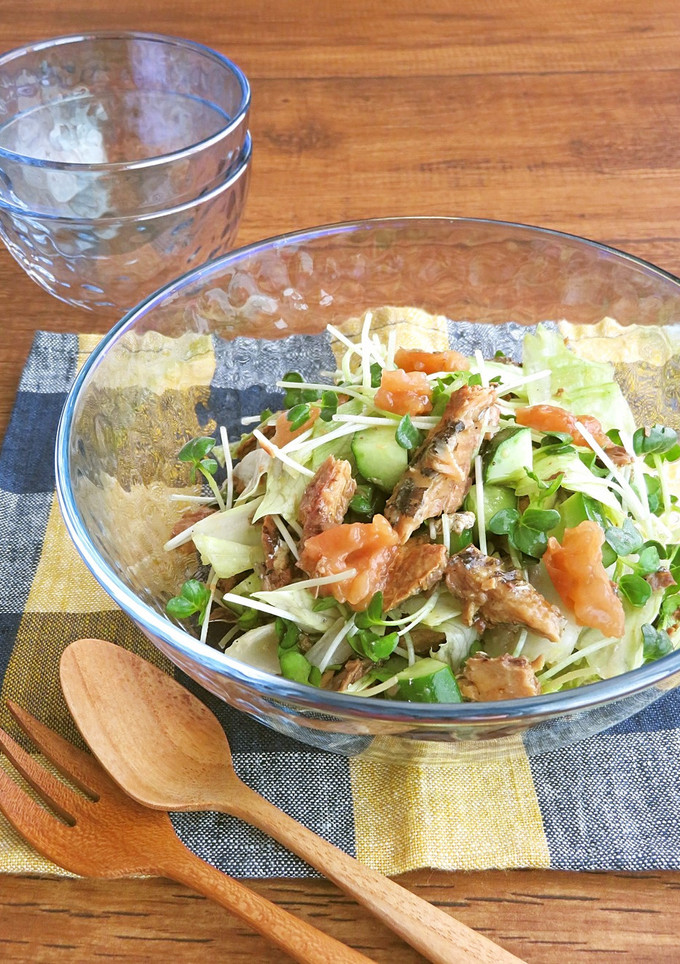 非加熱♪さんまの蒲焼きサラダ仕立て梅風味-レシピのメイン写真