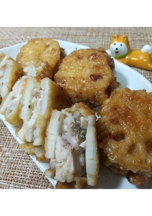 れんこんの鶏肉はさみ揚げ甘酢味♪-レシピのメイン写真