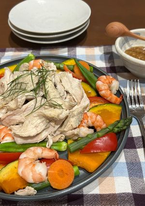 湯煎でサラダチキンとレンチン温野菜-レシピのメイン写真
