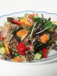 夏野菜と牛肉でそうめんチャンプルー-レシピのメイン写真