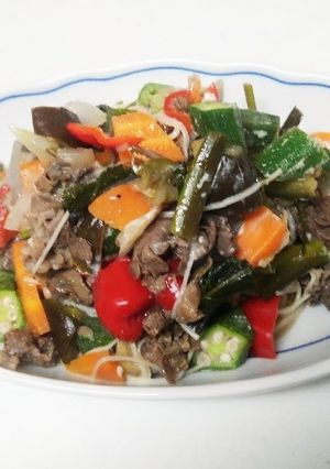 夏野菜と牛肉でそうめんチャンプルー-レシピのメイン写真