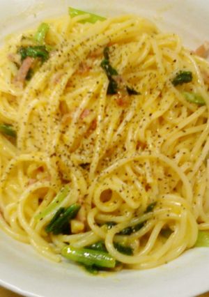 簡単昼食パスタ　小松菜入りカルボナーラ-レシピのメイン写真