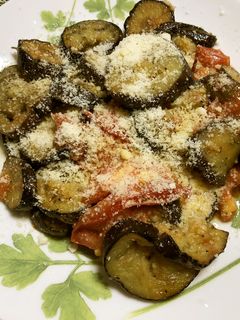 なすとトマト炒め・粉チーズトッピング-レシピのメイン写真