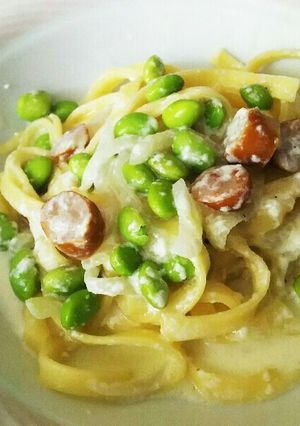 枝豆とソーセージのクリームフェットチーネ-レシピのメイン写真