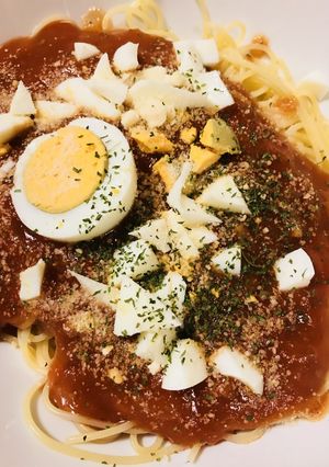 レトルトパスタの具☆ゆで玉子＆チーズ-レシピのメイン写真