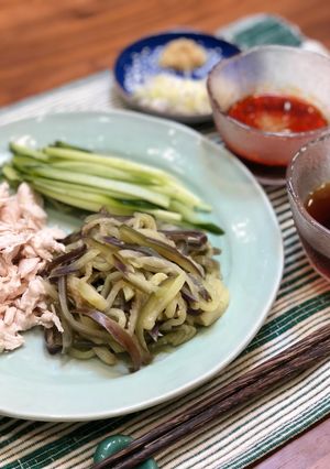栄養満点!ナスと鶏肉のささみの素麺風-レシピのメイン写真