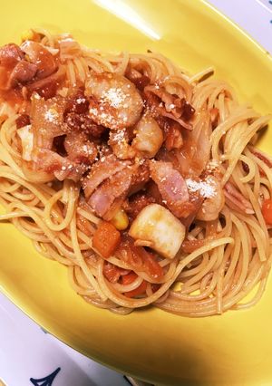 冷凍シーフードミックスで簡単トマトパスタ-レシピのメイン写真