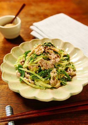レンチンde水菜と豚こまのからしマヨ和え-レシピのメイン写真