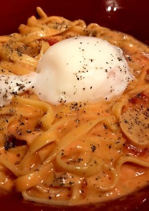 辛ラーメンスープで、レッドカルボナーラ♪-レシピのメイン写真