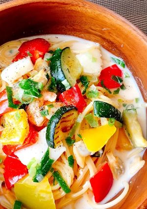 魚介と彩り野菜の豆乳スープパスタ-レシピのメイン写真