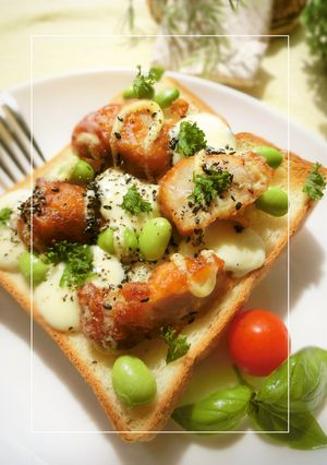 唐揚げ×ﾓｯﾂｧﾚﾗ×枝豆のトースト-レシピのメイン写真