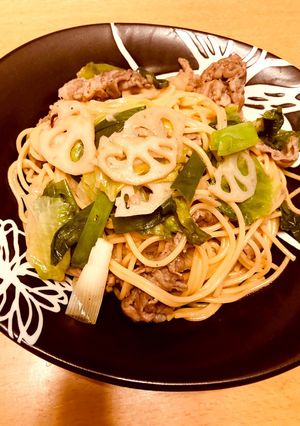 豚肉と蓮根、ネギのシャキシャキ和風パスタ-レシピのメイン写真