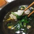豚ニラ鍋、生卵ポン酢で。
