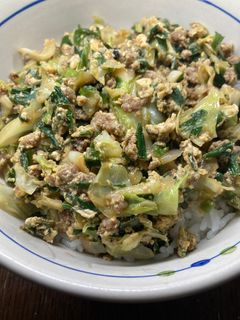 豚のひき肉とニラキャベツ玉子丼-レシピのメイン写真