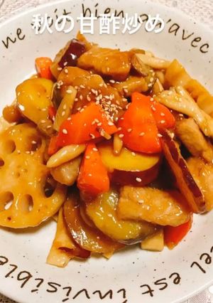 根菜、キノコ、豚ロースの秋の甘酢炒め♡♡-レシピのメイン写真