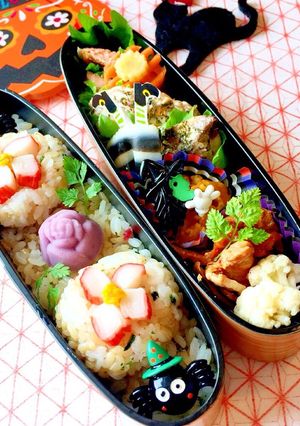 お花こにぎり 魔女と蜘蛛 ハロウィン弁当-レシピのメイン写真
