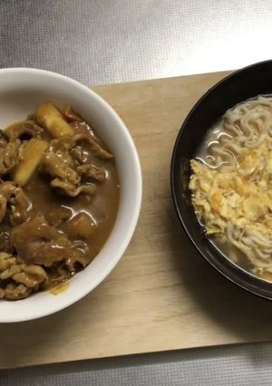 アレンジどん兵衛　カレー丼と卵とじうどん-レシピのメイン写真