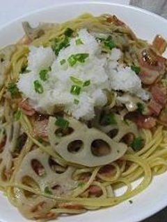 岩国蓮根とベーコンの和風パスタ-レシピのメイン写真